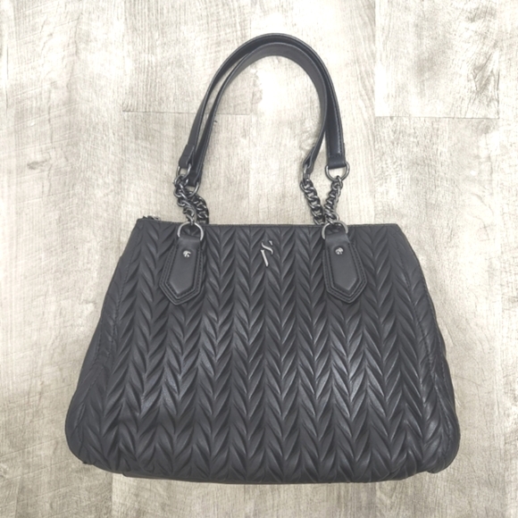 Simply Vera Vera Wang Purse Black Ruched Bedford Triple Satchel Faux Leather - Picture 1 of 3